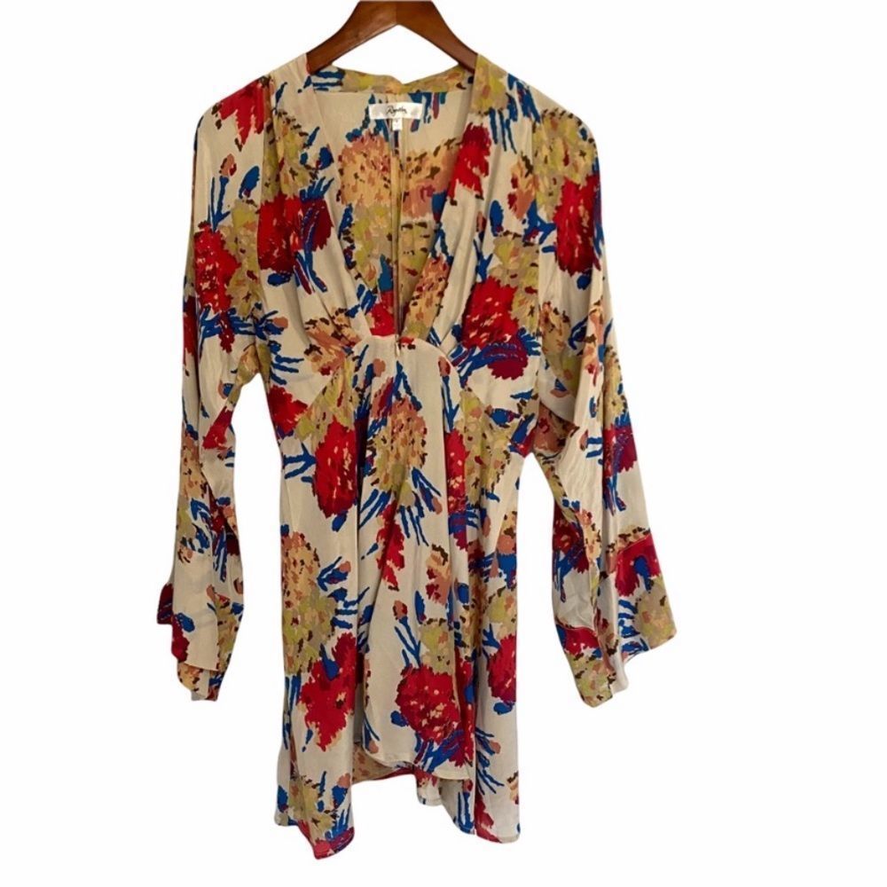 VINTAGE 90s Royalton 💯 silk floral low v-neck zip front wide sleeve dress small